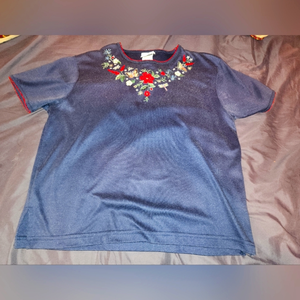 Female navy short-sleeve floral Bon Worth blouse XS petite.